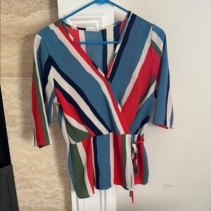 Sienna Sky Wrap Blouse Blue Red 3/4 Sleeve